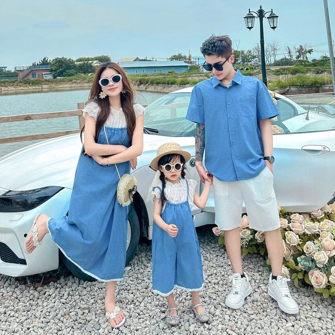 Family Denim Clothes Holiday Look Dad Son Blue Shirts Mom Daughter Matching Outfit Women Dresses Baby Girl Blouse Jumpsuit Set