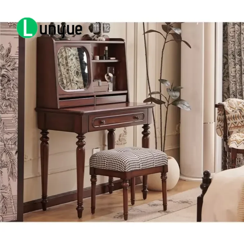 Retro Multifunctional Solid Wood Makeup Dresser with Lamp and Standing Mirror Durable Practical Vanity Table for Bedroom