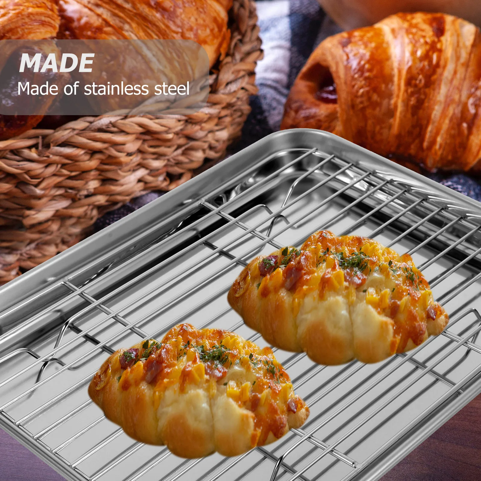 

2pcs Stainless Steel Baking Pan Sheet Set With Cooling Rack 26X20X2.5Cm Dishwasher Safe Heavy Duty Separate Use Home Baking