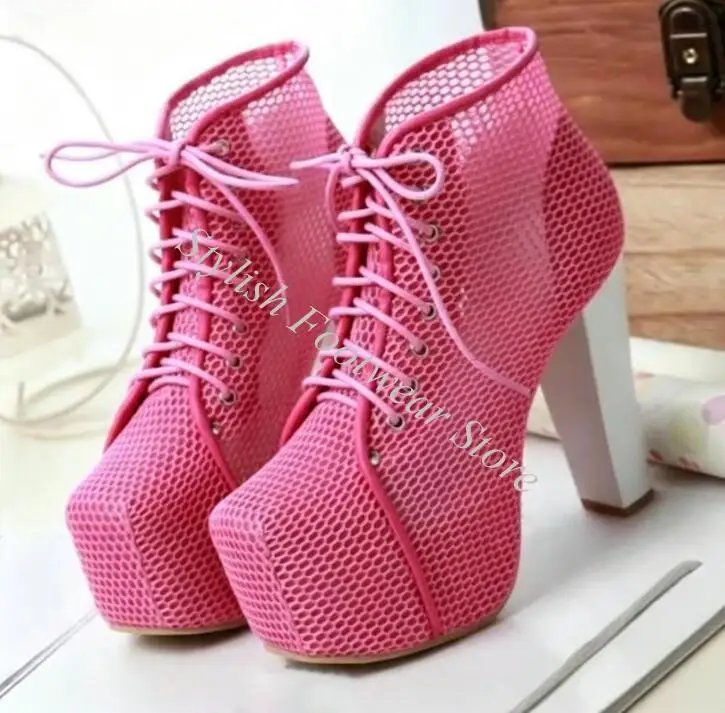 Fuchsia Pink Mesh Thick Platform Lace- Up Ankle Boots Wood Chunky High Heels Fishnet Sport Style Short Booties Woman
