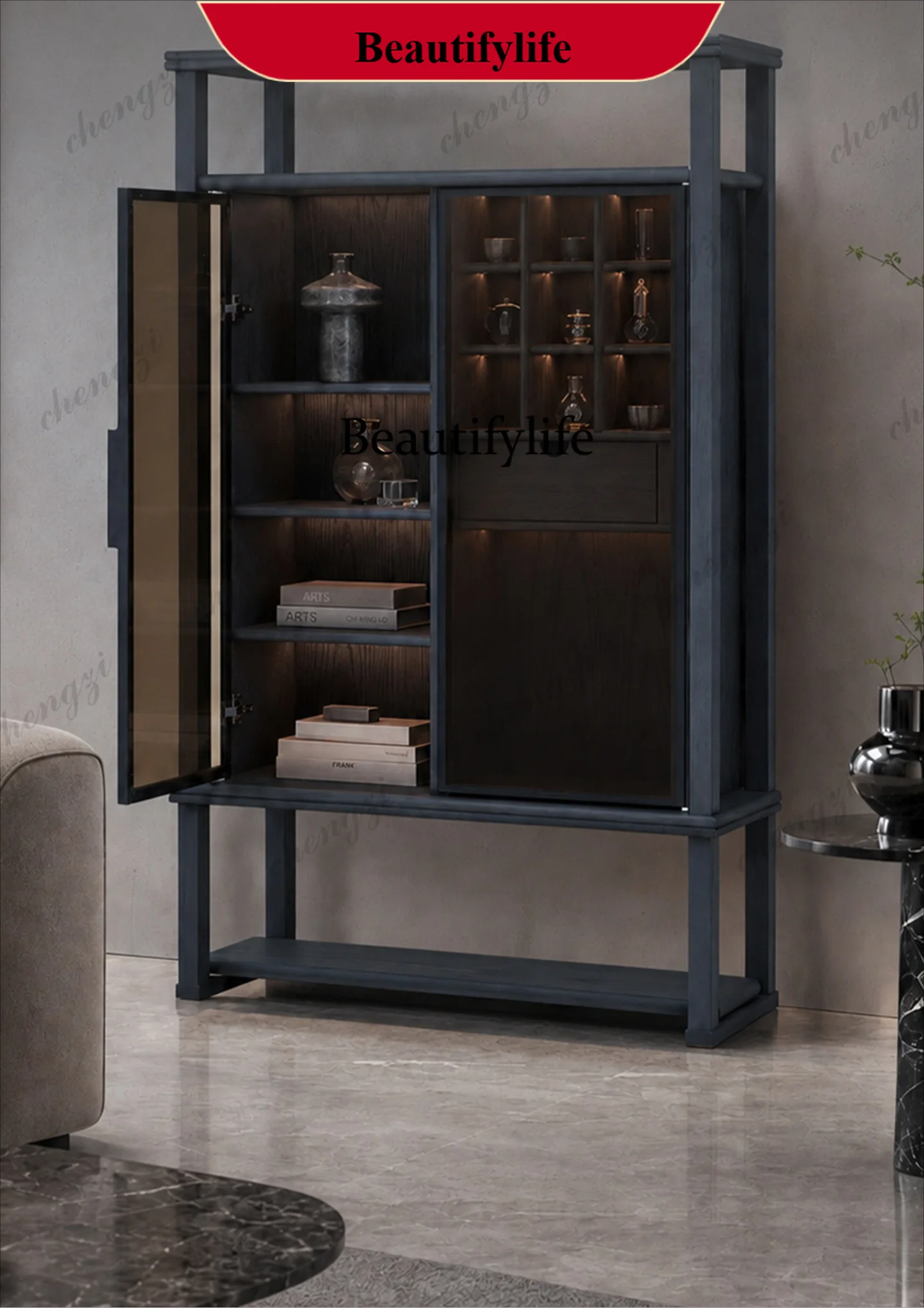 z183 Bogu rack household tea set storage cabinet tea room storage cabinet glass tea display cabinet with lamp