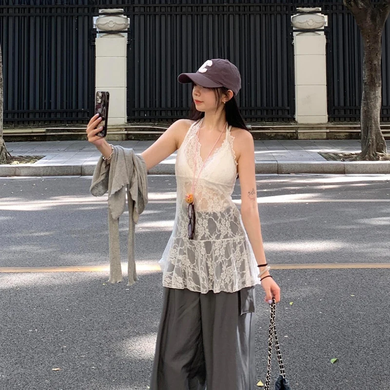 달콤한 슬레 레이스 스플라이스 네 스트랩 베스트 여성 여름 야외 착용 슬림핏 아름다운 디자인 탑 폴리에스터 섬유