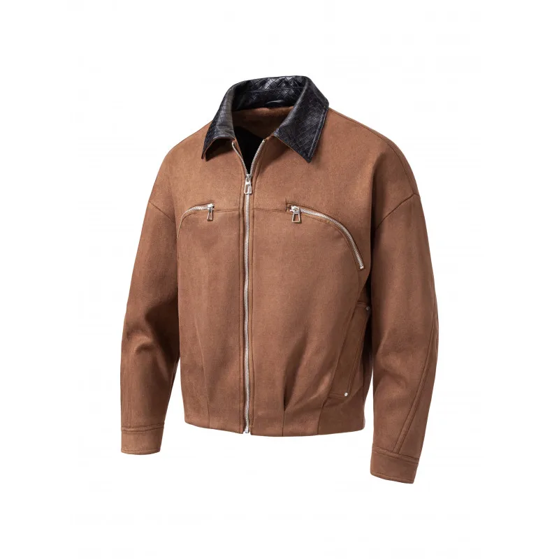 Men Suede Jacket Woven PU Collar Zip Up Loose Drop Shoulder Short Coat Multi Zipper Pockets Casual Outerwear M‑XXL Autumn Winter