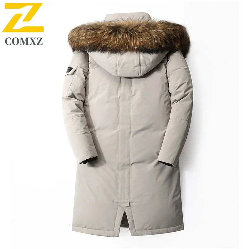 COMXZ Piumino invernale da uomo alla moda leggero caldo soffice collo di pelliccia con cappuccio piumino d'anatra bianco piumino lungo da sci da neve