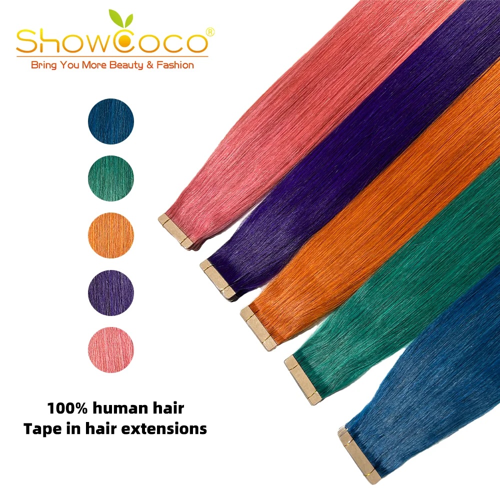 

ShowCoco Tape in Hair Colourful Hair Extensions 100%Human Hair 20inch Double Drawn Straight European Natural Seamless Skin Weft