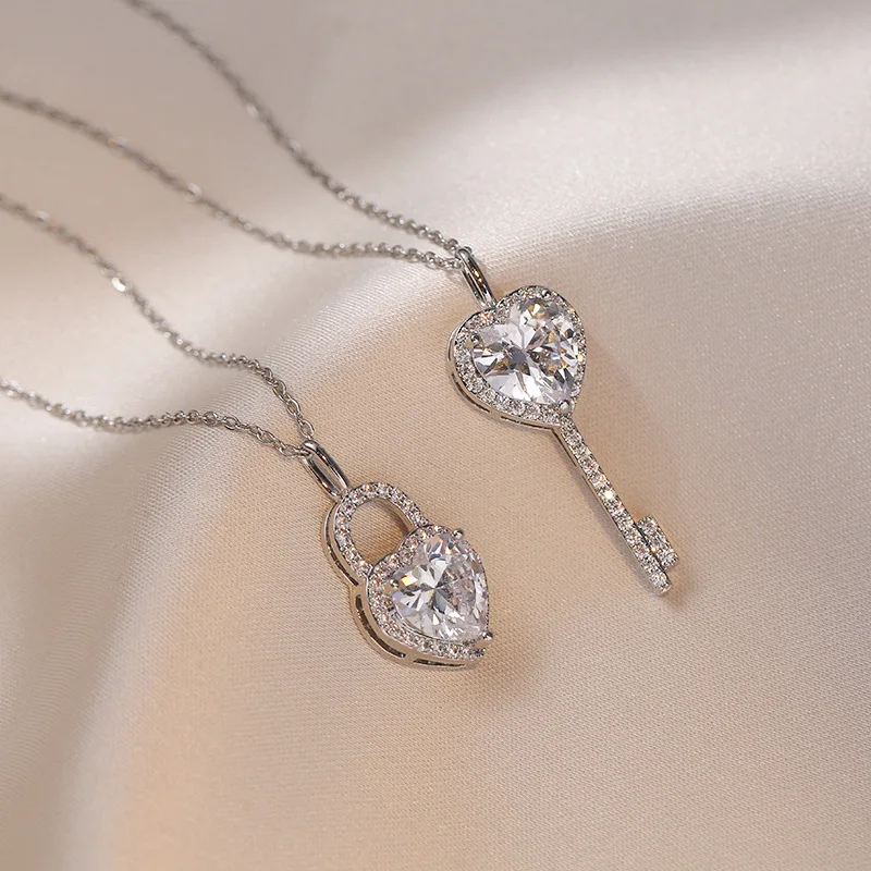 Stainless Steel White CZ Crystal Key & Lock Charm Pendant Necklaces Bohemia Heart Link Chain Necklace For Women