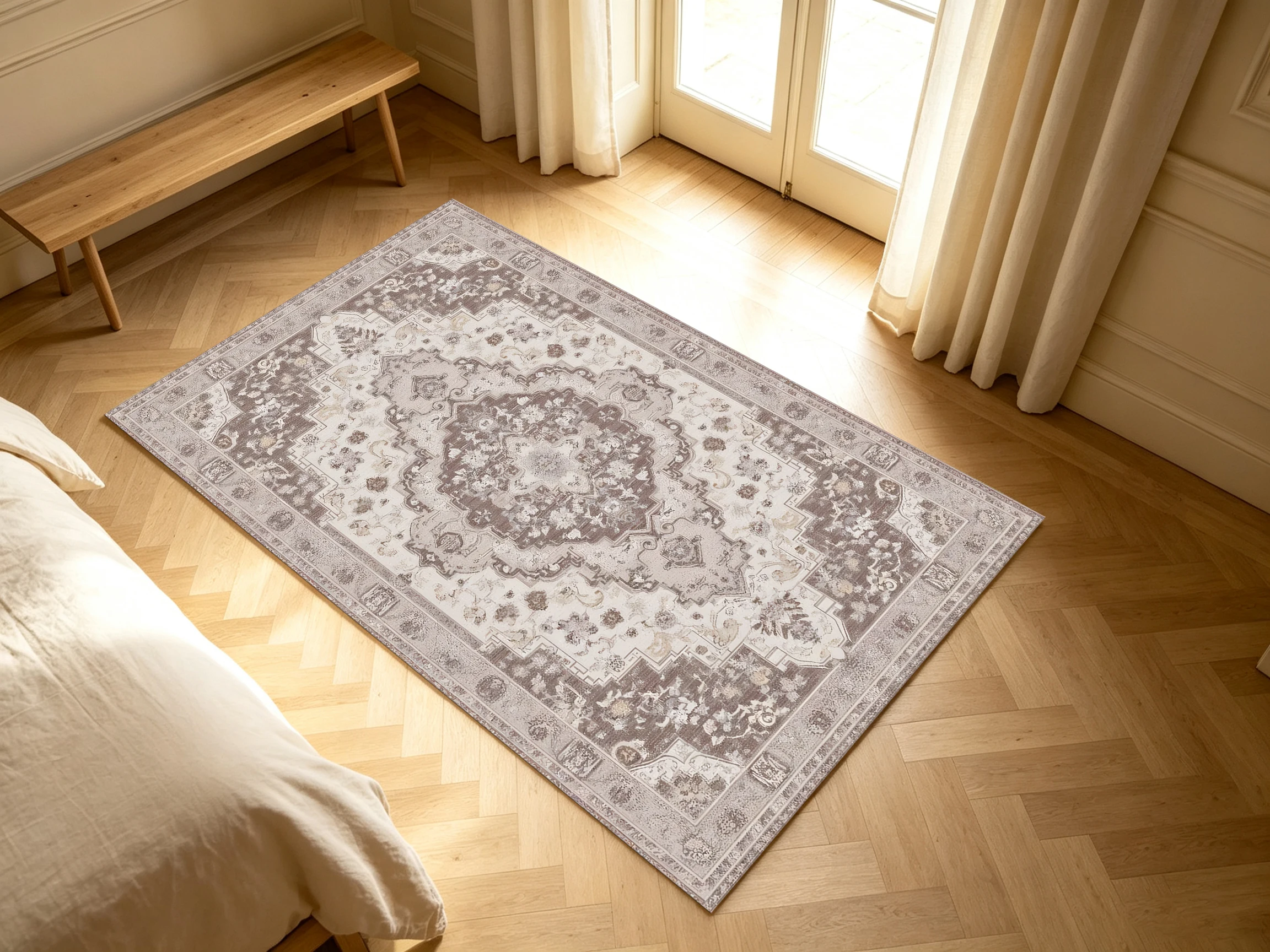 2D Velvet Carpet, Beige Coffee Color 2D Velvet Carpet, Vintage Persian Style: Comfortable to Wear, Suitable for Living and Dining Areas..