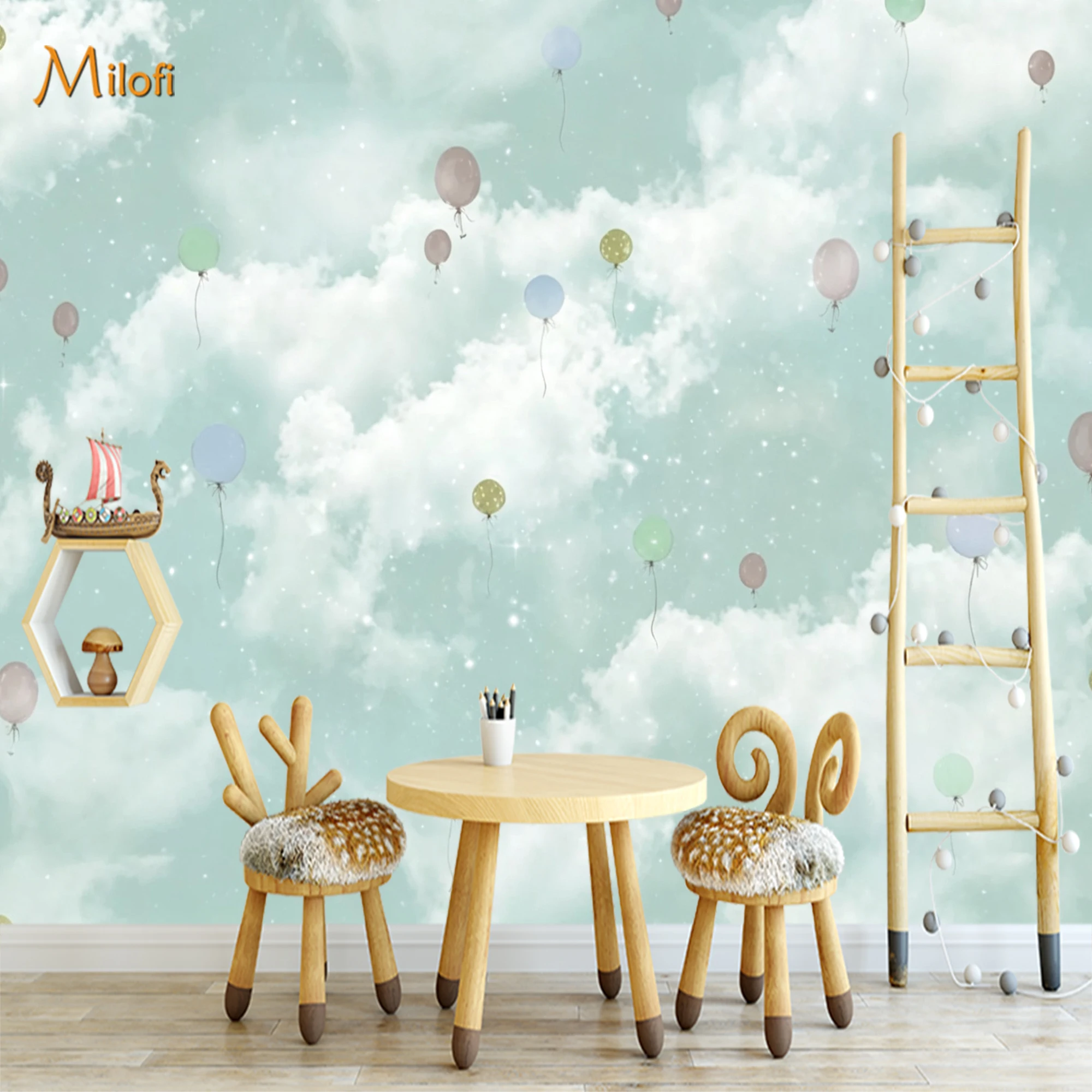 Custom Pastel Balloon Cloud Mural Wallpaper Dreamy Sky Watercolor Star Wall Paper for Kids Baby Nursery Bedroom Home Wall Decor