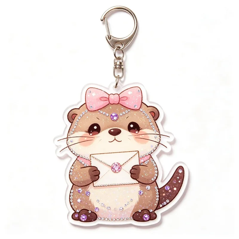 New Valentine's Day Sparkling Diamond Otter Acrylic Keychain Rose Love Couple Backpack Keyring Hanging Decoration Pendant Gifts view 6