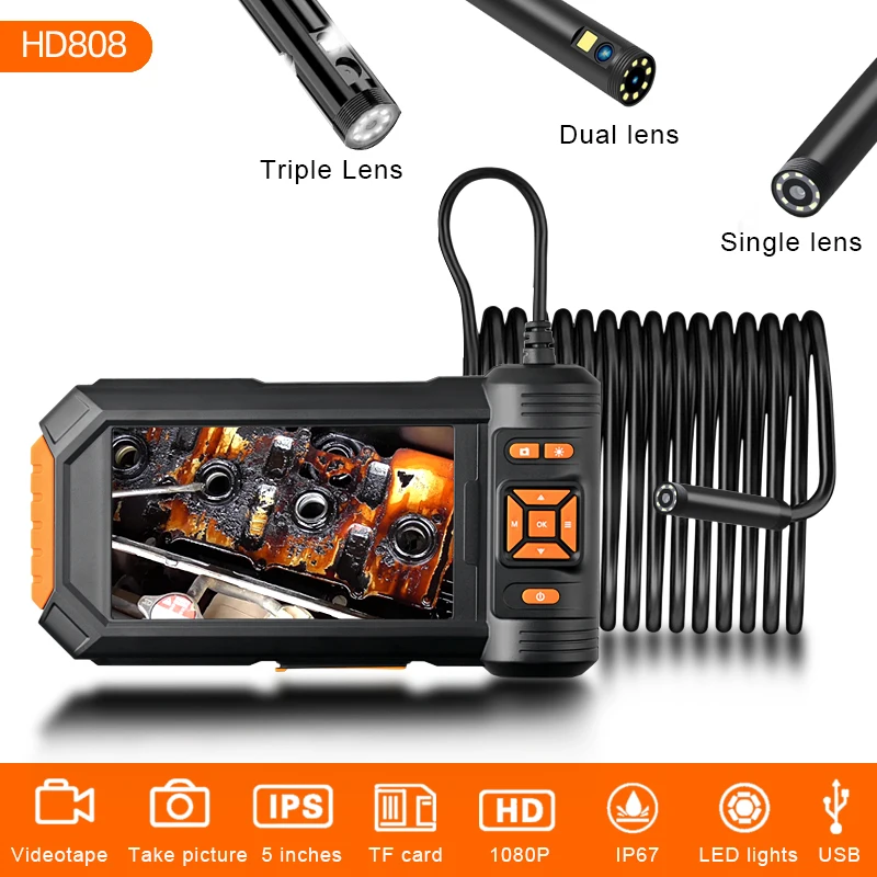 5 Inch IPS Screen Industrial Endoscope Camera 1080P Single Dual Triple Lens 8mm IP67 Borescope Inspection Camera for Car Sewer