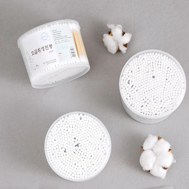 500 قطعة من مسحات القطن ذات الرأس المستدير المزدوج عصا خشبية طبيعية لتنظيف الأذن وإزالة المكياج واستخدام مستحضرات التجميل #2