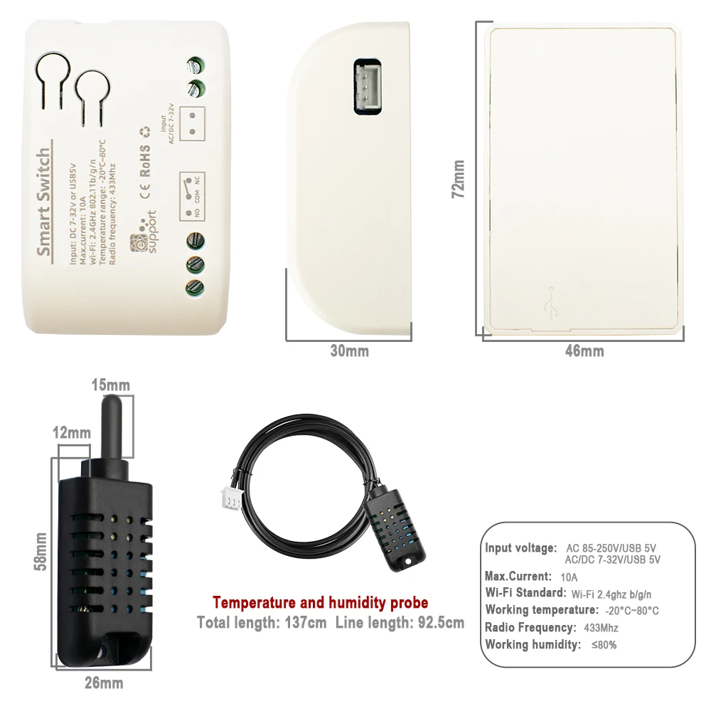 EWELINK Wifi مفتاح درجة الحرارة والرطوبة الذكي مع مستشعر 1 متر 10A مفتاح الاتصال الجاف السلبي Ewelink يدعم التحكم الصوتي