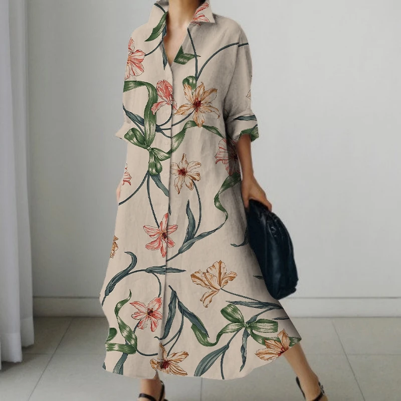 Women's Fall Midi Dresses Holiday Sets 2023 Girls' Fashion Dresses Button Flower Stereoscopic Printing Elegant Loose Clothing