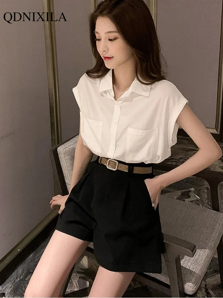 2024 Summer Women\'s Shorts Sets Design Fashion Elegant Thin Loose Fashion Sleeveless French Shirts Wide Leg Shorts 2 Piece Set