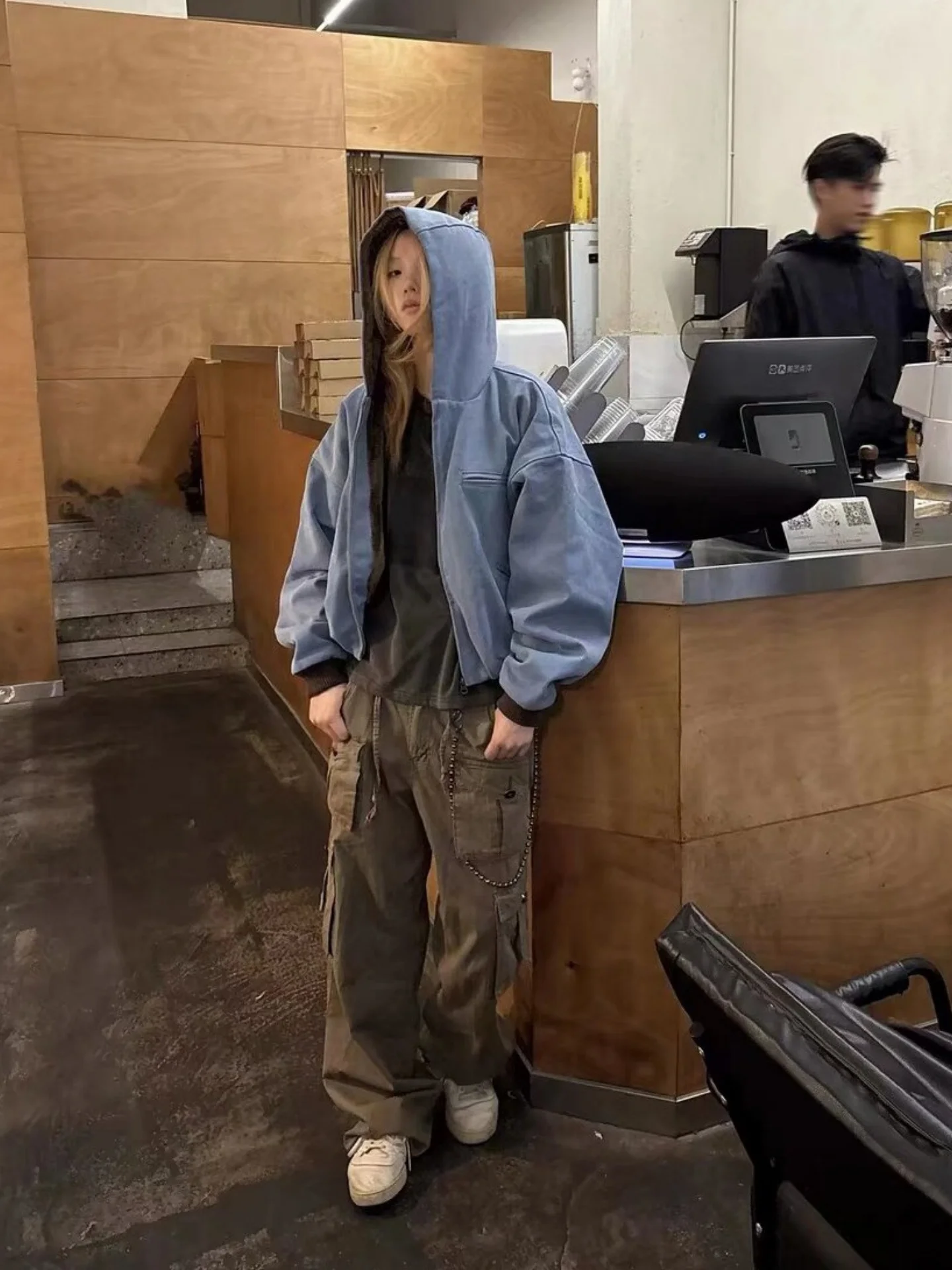 

Thiened Winter Jaet Men's Hooded Zipper Denim Cotton Coat Warm Workwear Jaet Youth Faion Loose Fit Long Sve