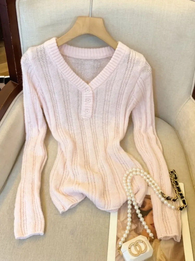 الحلو الوردي V-Ne طويل Sve محبوك قاعدة irt المرأة Faion الخريف الشتاء سليم صالح ملابس داخلية سترة بسيطة Sle #1