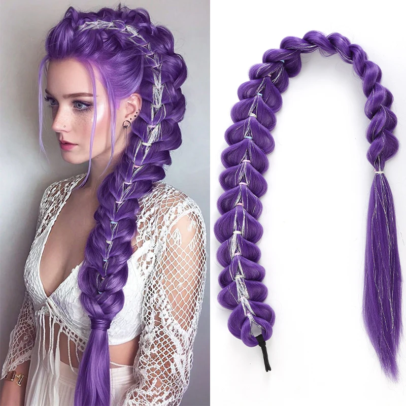 

32-дюймовый фиолетовый синтетический плетеный парик с эластичной лентой и блестящим серебристым шелковым хвостиком, подходит для причесок девочек.