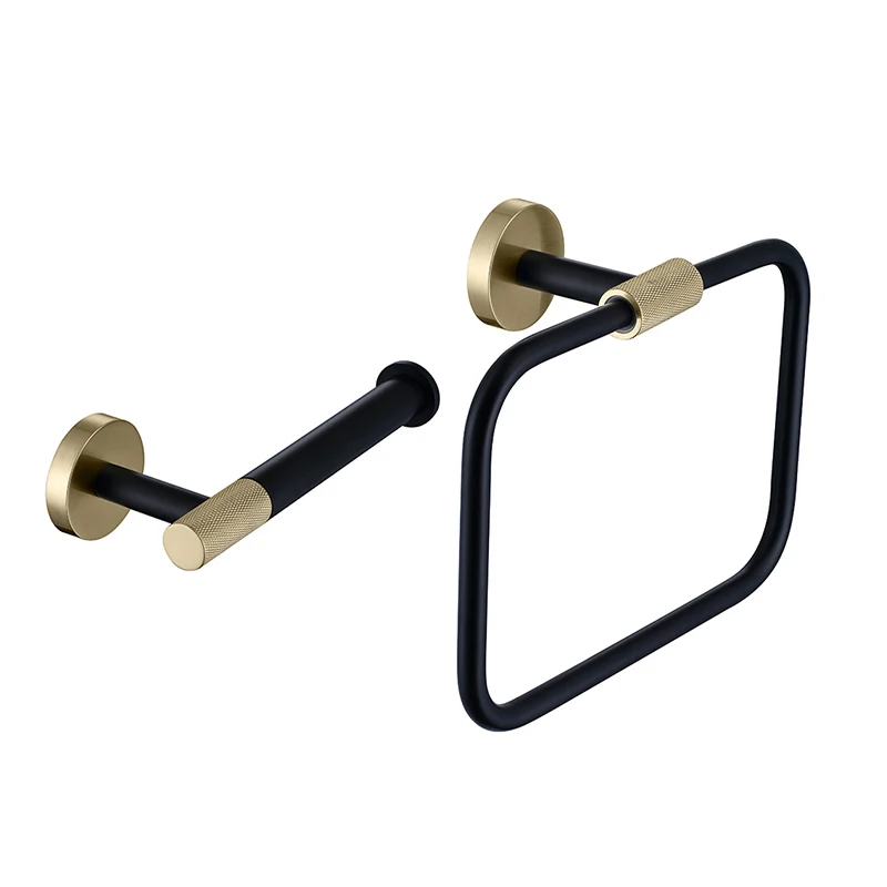 Black and Gold Bathroom Accessories Roll Paper Holder Wall Mounted Square Towel Ring Rack Shelf Toilet Tissue Holder SUS 304