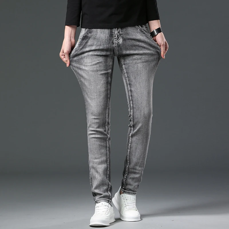 Jeans grigio fumé pantaloni da lavoro casual all-match alla moda con stampa tridimensionale alla moda elasticizzata Slim Fit da uomo