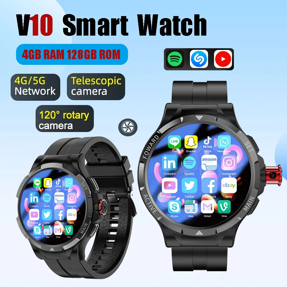 2024 New V10 Smartwatch 4G SIM Card Telescopic Camera WIFI GPS Sports 4GB+128GB Heart Rate Monitoring Waterproof Smart Watch Men