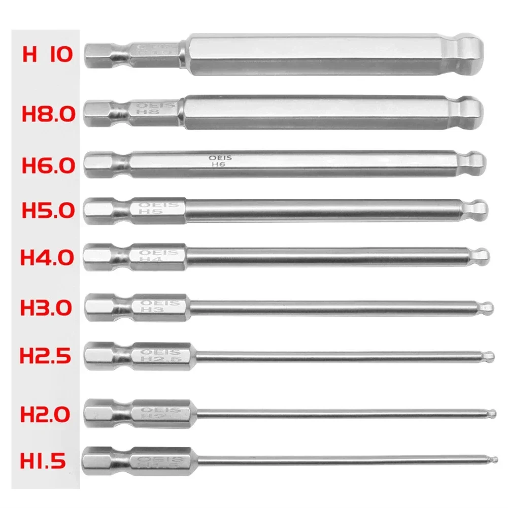 Ball End Hex Schroevendraaier Bits Set Metrische Allen Hex Bits 100mm Lange Magnetische Balhoofd Driver Bit H1.5 H2.5 H3 H4 H5 H6 H8 H10