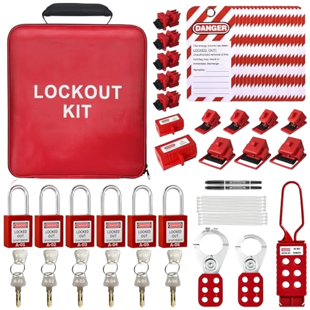 Industrial safety lock set with electrical lock tags circuit breaker lockouts and nylon cable ties for hazard prevention