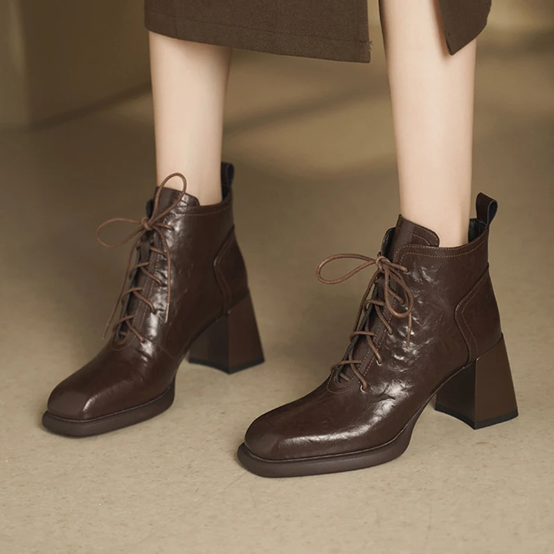 NEW Autumn Women Boots Split Leather Shoes for Women Square Toe Chunky Heel Shoes Lace-up Modern Boots Soft Handmade Daily Shoes