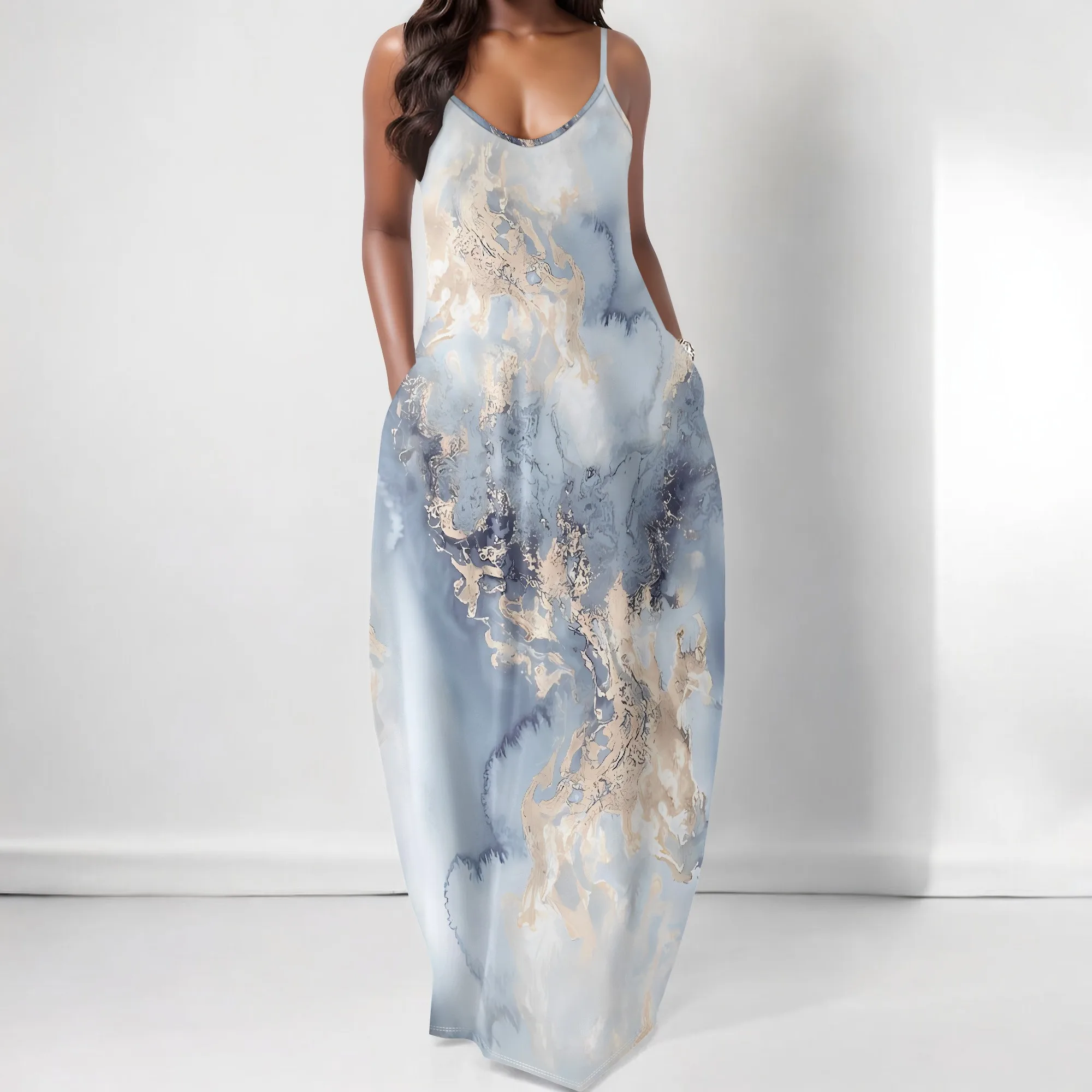 

EQQZD Sleeveless Round Neck Spaghetti Strap Maxi Dress with Pocket, Women's Elegant Causal Printed Dress for Summer