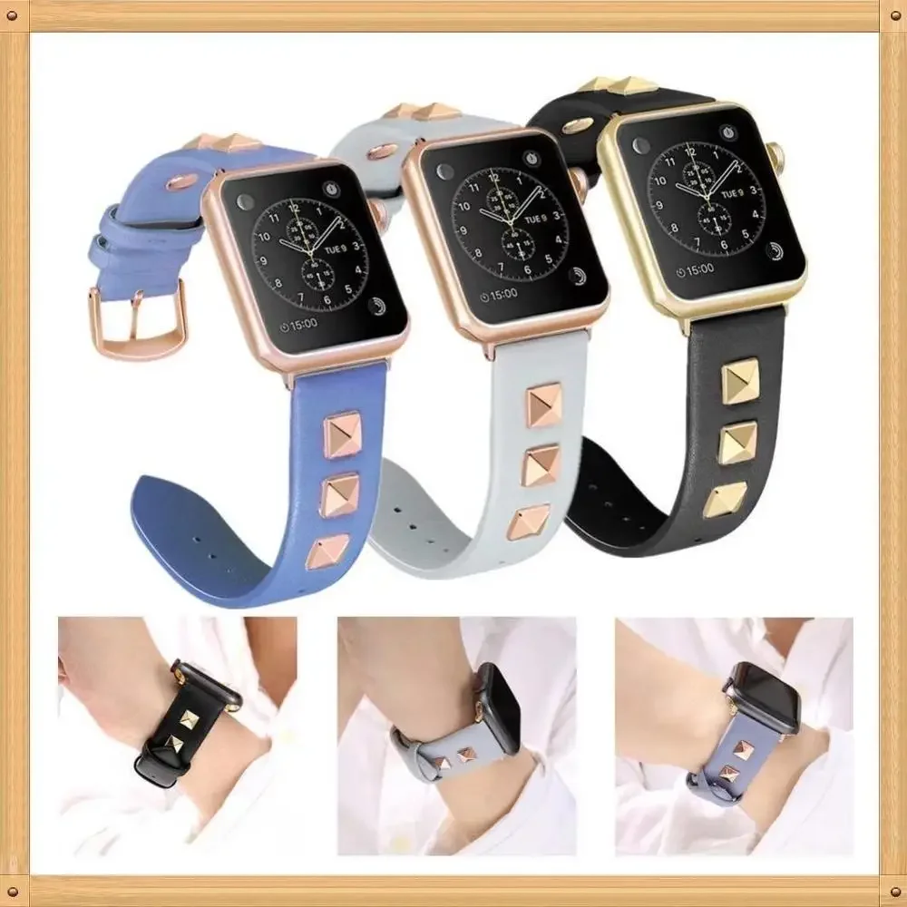 Leather Strap For Apple Watch 45mm 41mm 44mm 42mm 46mm Metal Nail Women Bracelet Wristband iWatch Series 10 9 8 7 6 5 4 SE Band