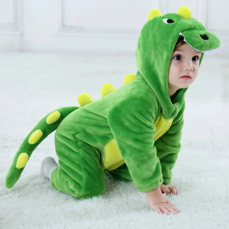 Kigurumi-Cartoon Animal Costume for Baby, Flannel Jumpsuit for Toddler, Comfortable Anime Jumpsuit, Green Dinosaur