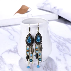 Bohemian Vintage Drop Dangle Long Earrings for Women Handmade Boho Jewelry Ethnic Leaf Acrylic Wood Beads Chain Earings Brincos