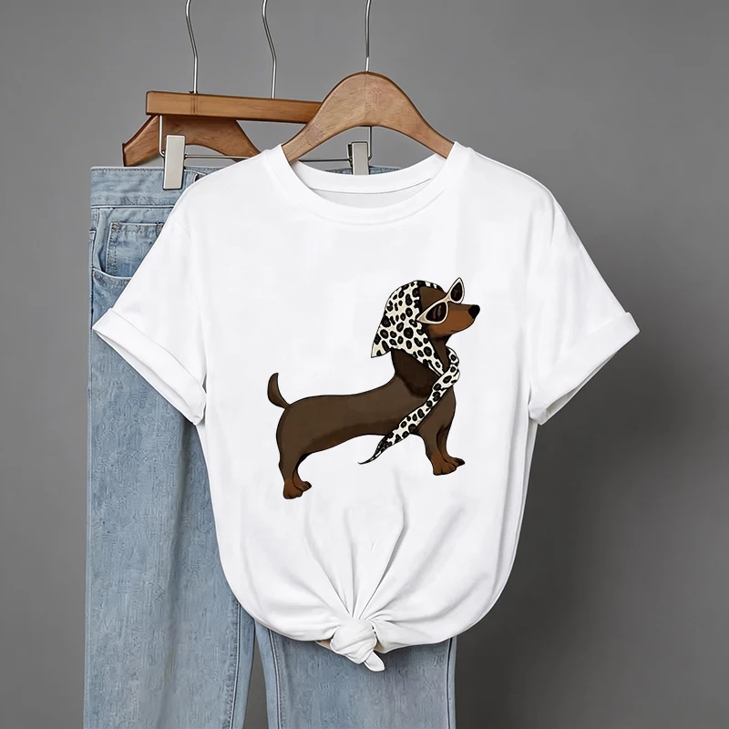 Women's Funny T Shirt with Trendy Little Dog Print 90s Casual Summer Crew Short Sleeve Tshirt Graphic Y2k Tees Tops Clothes