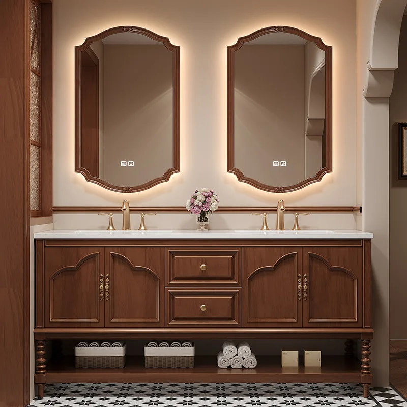 Factory Direct 2026 American sink Chinese retro bathroom cabinet combination French bathroom washstand rock slab hot bending int