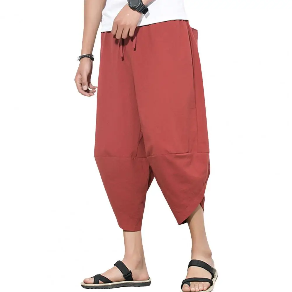 

Summer Men Pants Loose Mid-calf Length Multi Pockets Japanese Style Irregular Deep Crotch Casual Harem Trousers