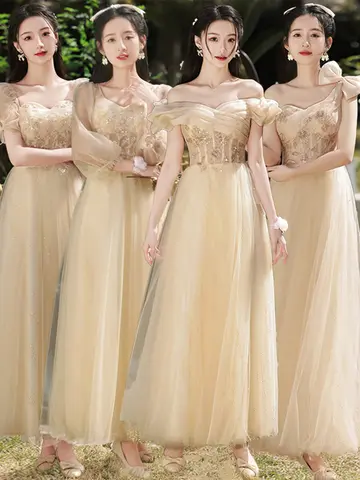 4 Styles Champagne Bridesmaid Dress Women 2024 New Pleated Off Shoulder Collar Evening Dress Sequins Tulle A-line Party Vestido