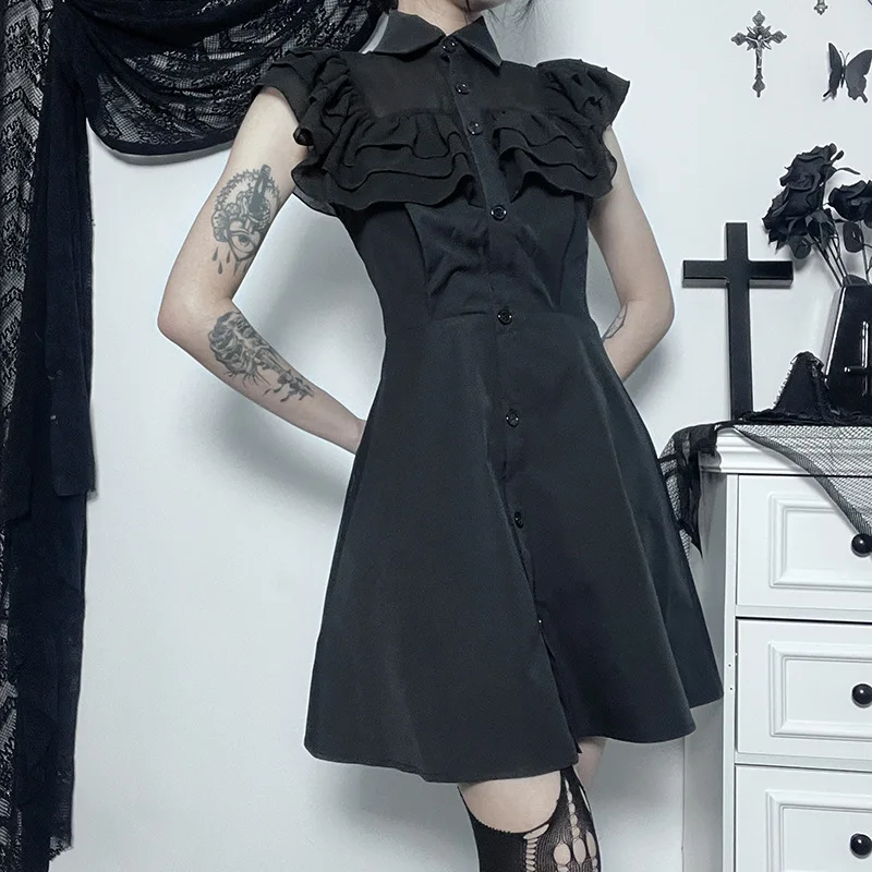 Gothic Vintage Short Prom Dress Women Chic Patchwork Black Slim A Line Dresses Sexy Party Grunge Aesthetic Streetwear Outfits
