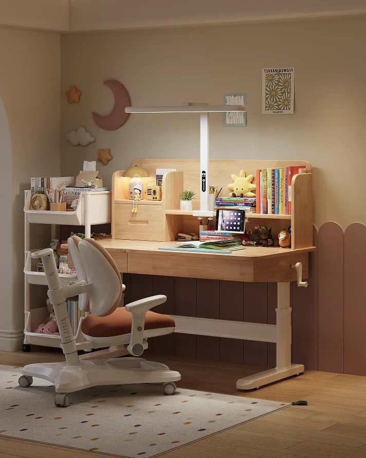 

￥%Factory Direct Sales Modern Solid Wood Ergonomic Kids Study Desk for Home Office with Bookshelf Eye-care Lamp