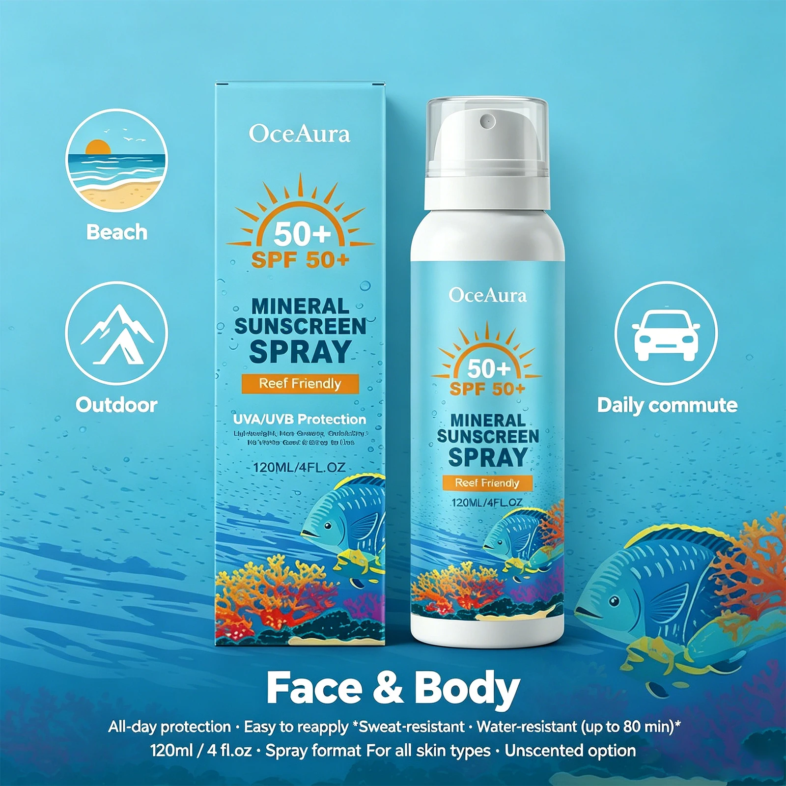 Protector Solar Mineral en Aerosol de 120 ml, FPS 50, No Grasoso, Secado Rápido, Sin Residuos Blancos, para Rostro y Cuerpo, Protección Solar, Sin Perfume