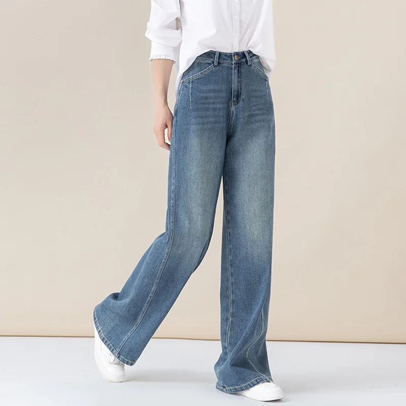 

Свободные широкие прямые однотонные джинсы, новые модные винтажные женские брюки с высокой талией, простые базовые джинсы, женская одежда