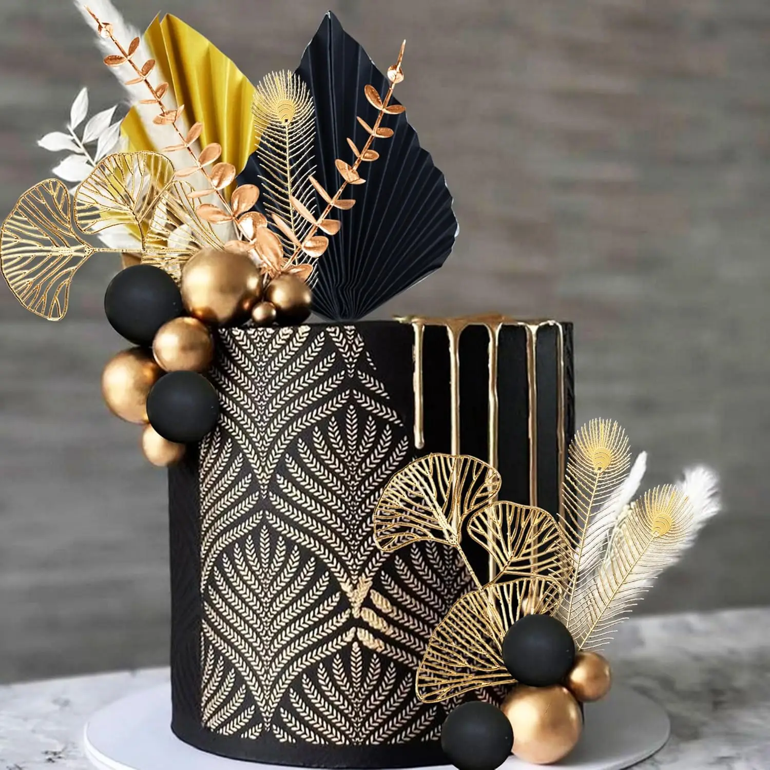 LaVenty Schwarzgoldene Kugeln, Tortenaufsatz, goldene Blätter, Kuchendekoration, Abschlussball, Kuchendekoration, brüllende 20er-Jahre-Kuchendekoration – Detail 3