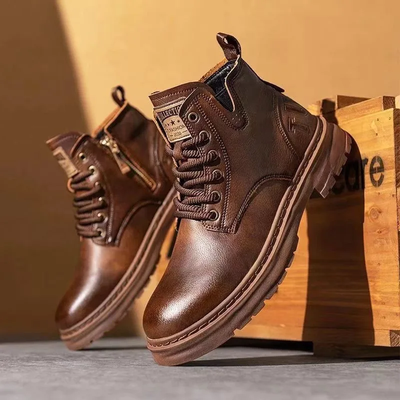 Men's outdoor autumn and winter leather work boots, British retro men's fashionable, casual and versatile men's shoes