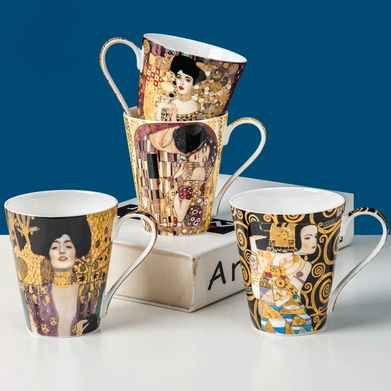 Klimt Kiss Bone China Tea Mug Creative Porcelain Oil Painting Cafe Cup European Trend Ceramic Cup Valentine's Day Christmas Gift