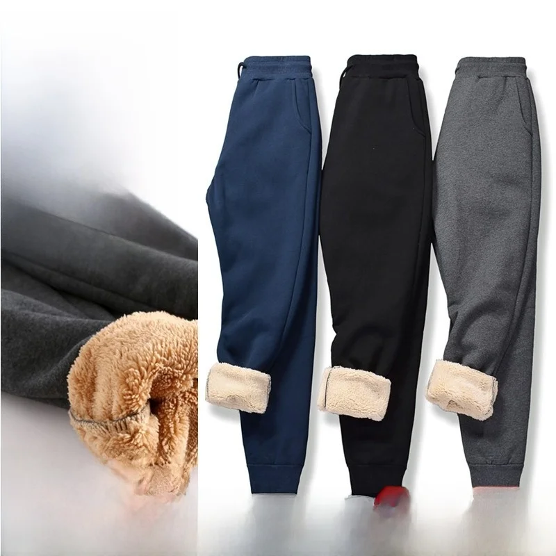 Thickened Fleece Winter Men's Casual Trousers Elastic Waist Sports Pure Color Long Pants Warm Trendy Youth Straight Leg Pants