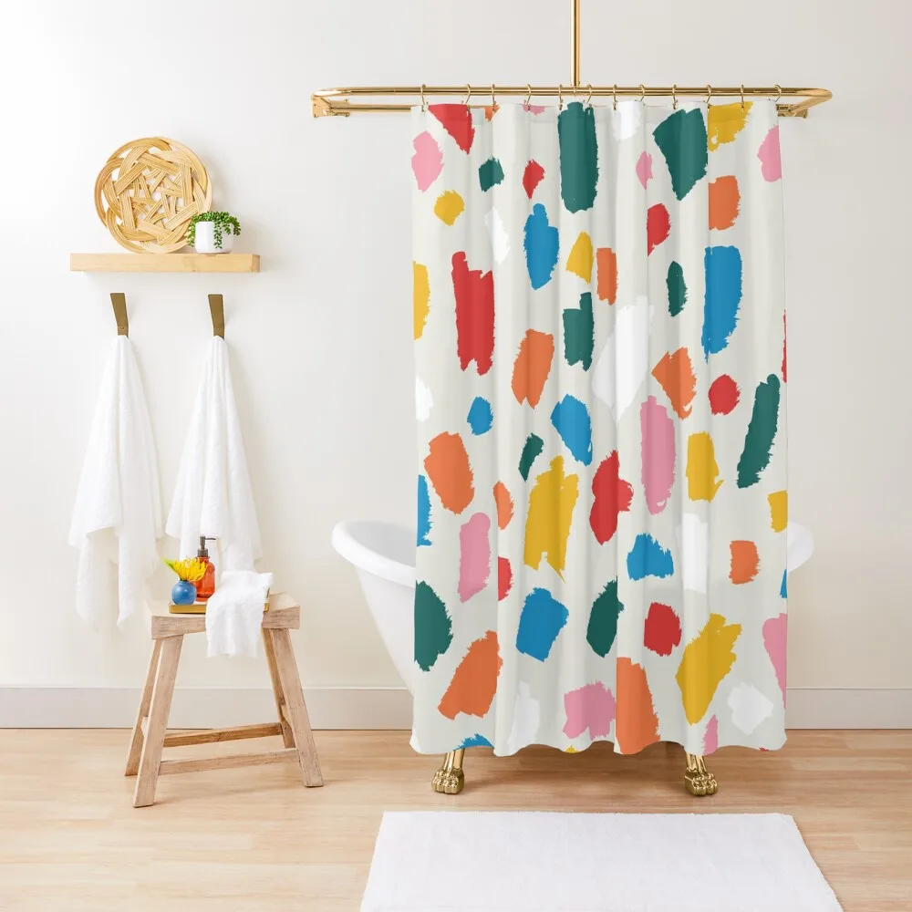 

Colorful Abstract Shapes - Brush Strokes Modern Minimalist Fun Playful decor Orange Yellow Blue Pink Green White Shower Curtain