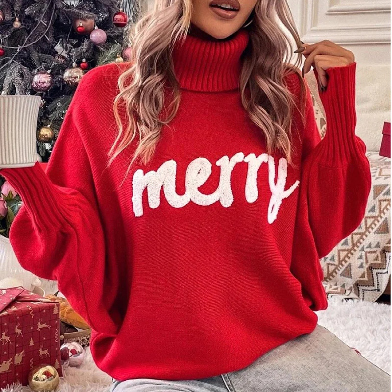 

2024 Christmas Knitted Sweater Women Turtleneck Bat Sleeve Red Merry Letter Embroidered High Neck Sweater Knitted Pullovers