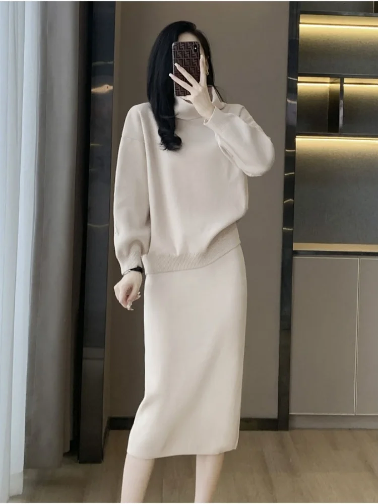 

New Winter Women's Turtleneck Pullover Knitting Sweater Two-Piece Set Women's High Waist Slim Soft Long Skirt 2 Piece Outfits