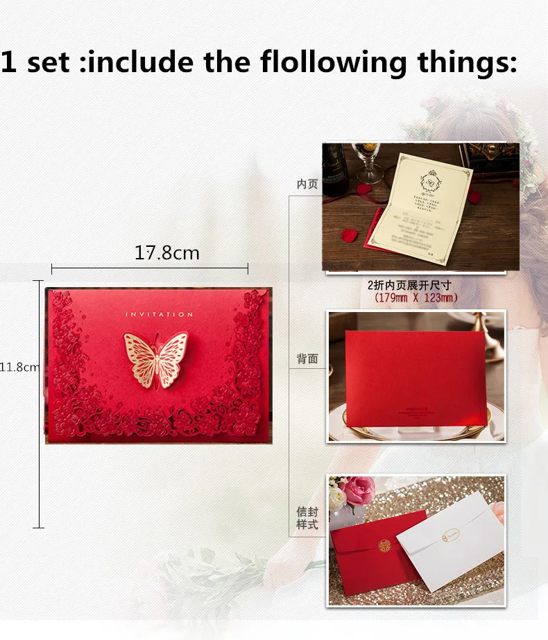 10pcs/lot Wedding Supplies Laser Cut Luxurious Butterflies Wedding Invitations Red Elegant Wedding Invitation Cards Personalized