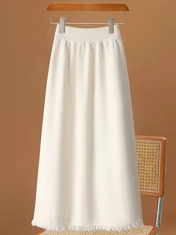 กระโปรงผ้าวูลสำหรับผู้หญิง ฤดูใบไม้ร่วง ฤดูหนาว กระโปรงทรงเอวสูง กระโปรงยาวปานกลาง กระโปรงผ้าถักแบบลำลอง ผ้าฝ้ายถัก ยืดหยุ่น 100%