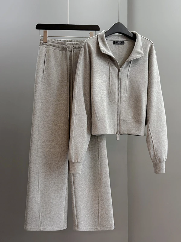 

Шикарный повседневный спортивный костюм в корейском стиле, женский серый свитшот, утягивающие брюки с широкими штанинами, комплект из двух предметов, модный, омолаживающий образ