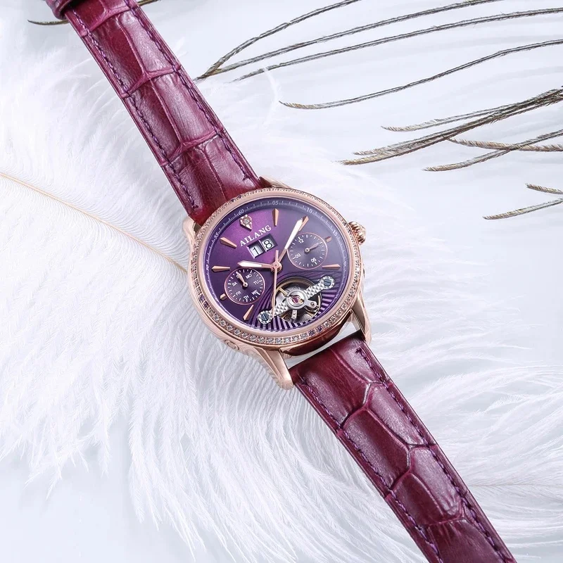 AILANG Ladies Tourbillon Automatic Mechanical Watch, Skeleton Calendar Waterproof Luxury Elegant Female Wristwatch